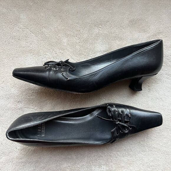 Stuart Weitzman Black Leather Front Lace Up Kitten Heel Pump Women 7 N Narrow - Picture 1 of 15